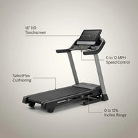 Home Treadmill Built for Connected Workouts, 16" HD Touchscreen, 0-12 MPH Speed, SelectFlex Cushioning — infographic