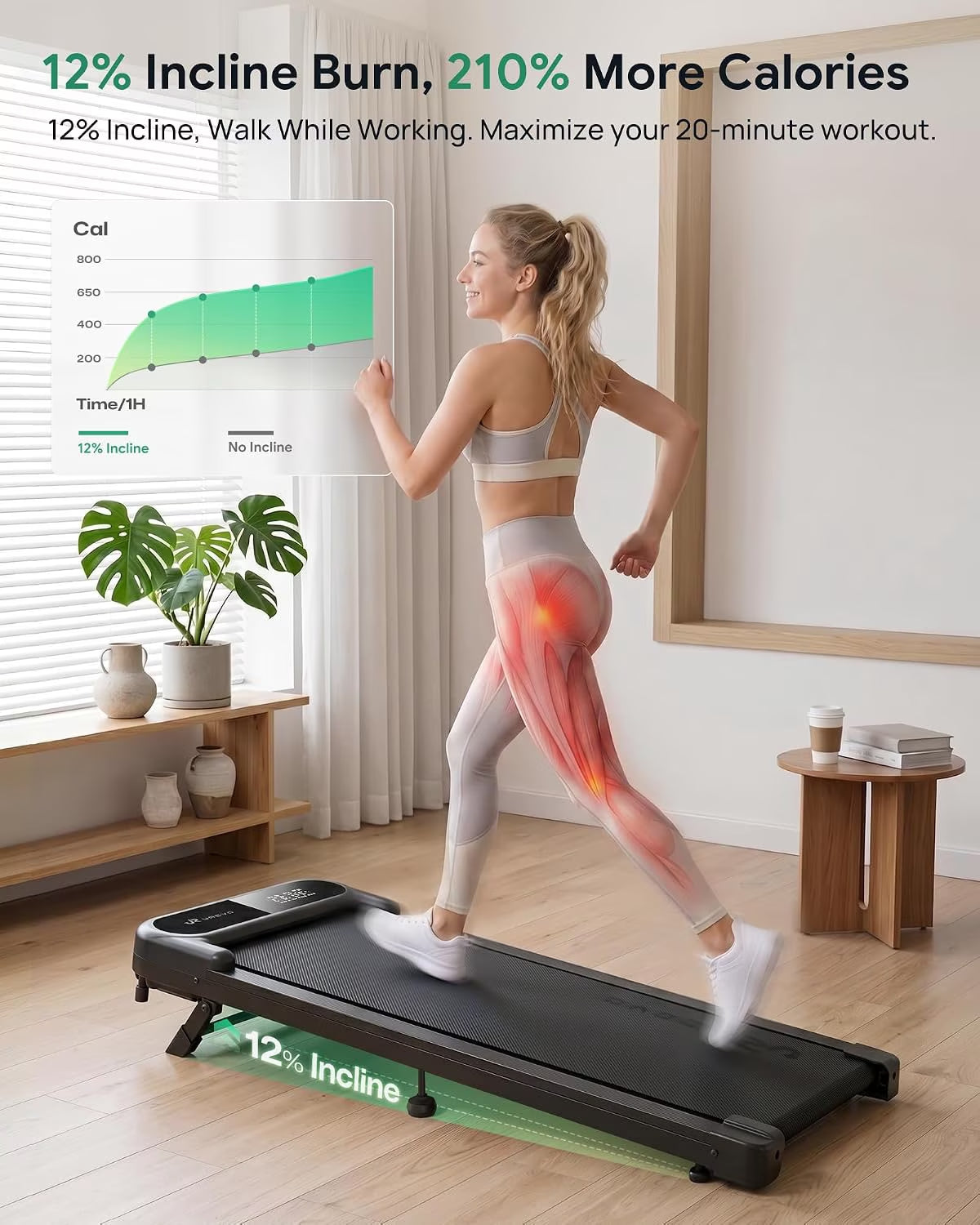 Smart Walking Pad with 12% Incline, Standing Desk Treadmill with 7-Layer Belt, 300Lbs Capacity, Quiet Operation, Workout APP with Track Insights, Remote Control for Home Office