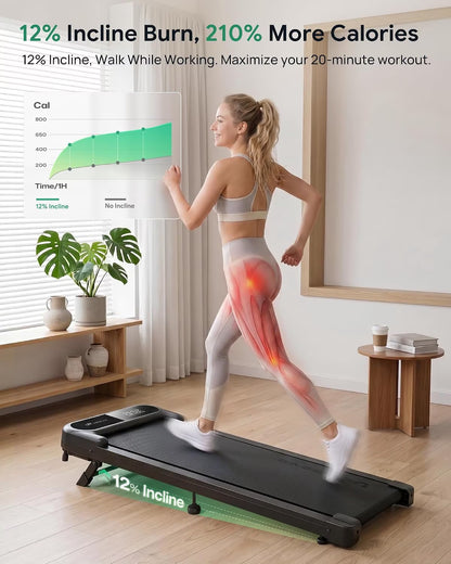 Smart Walking Pad with 12% Incline, Standing Desk Treadmill with 7-Layer Belt, 300Lbs Capacity, Quiet Operation, Workout APP with Track Insights, Remote Control for Home Office