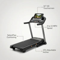 Home Treadmill Built for Connected Workouts, 16" HD Touchscreen, 0-12 MPH Speed, SelectFlex Cushioning — Feature Infographic